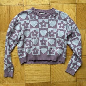 Debut Cropped Purple Heart and Flower Graphic Sweater